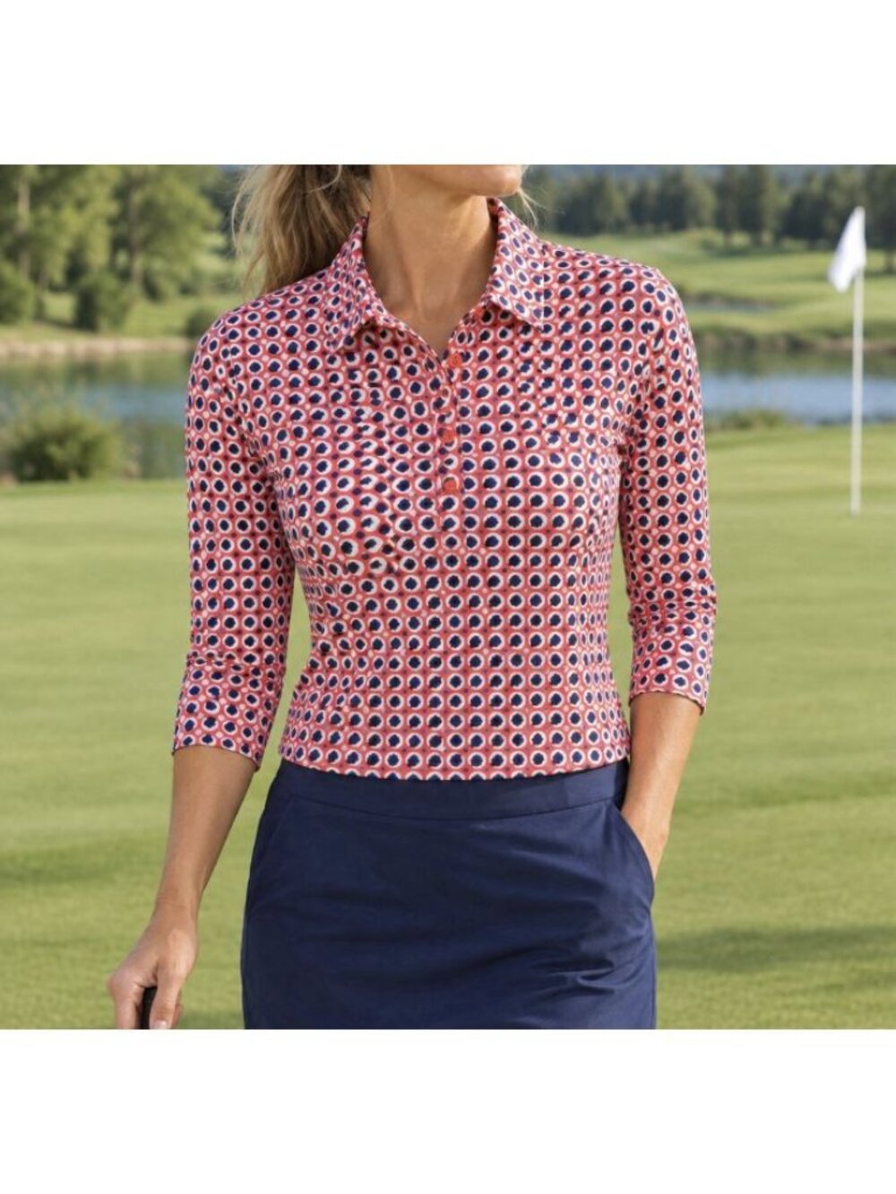 Talbots 3/4 Sleeve Polo Top Womens LP Coral Pink Blue Geometric Performance Golf